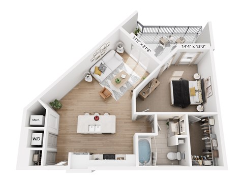 Floor plan for 1 bed, 1 bath, 745 sqft